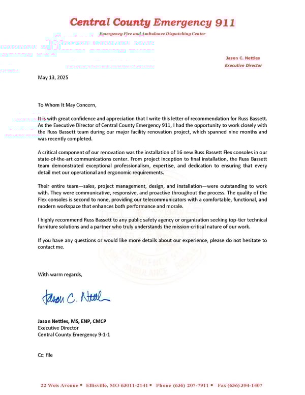 Russ Bassett - Referral Letter - Central County Emergency 911 (2025)